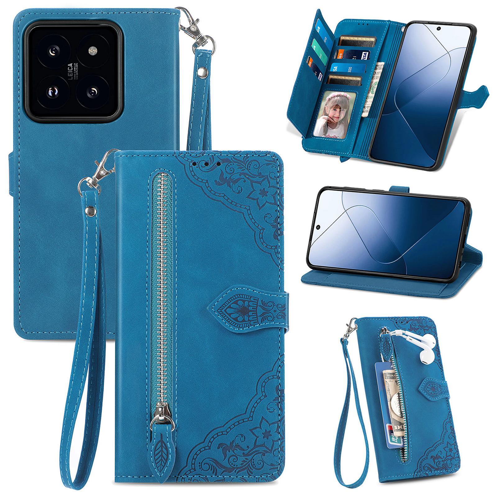 

For Xiaomi 14T Pro Zipper Wallet Case with Strap Flower Imprint PU Leather Phone Cover Blue
