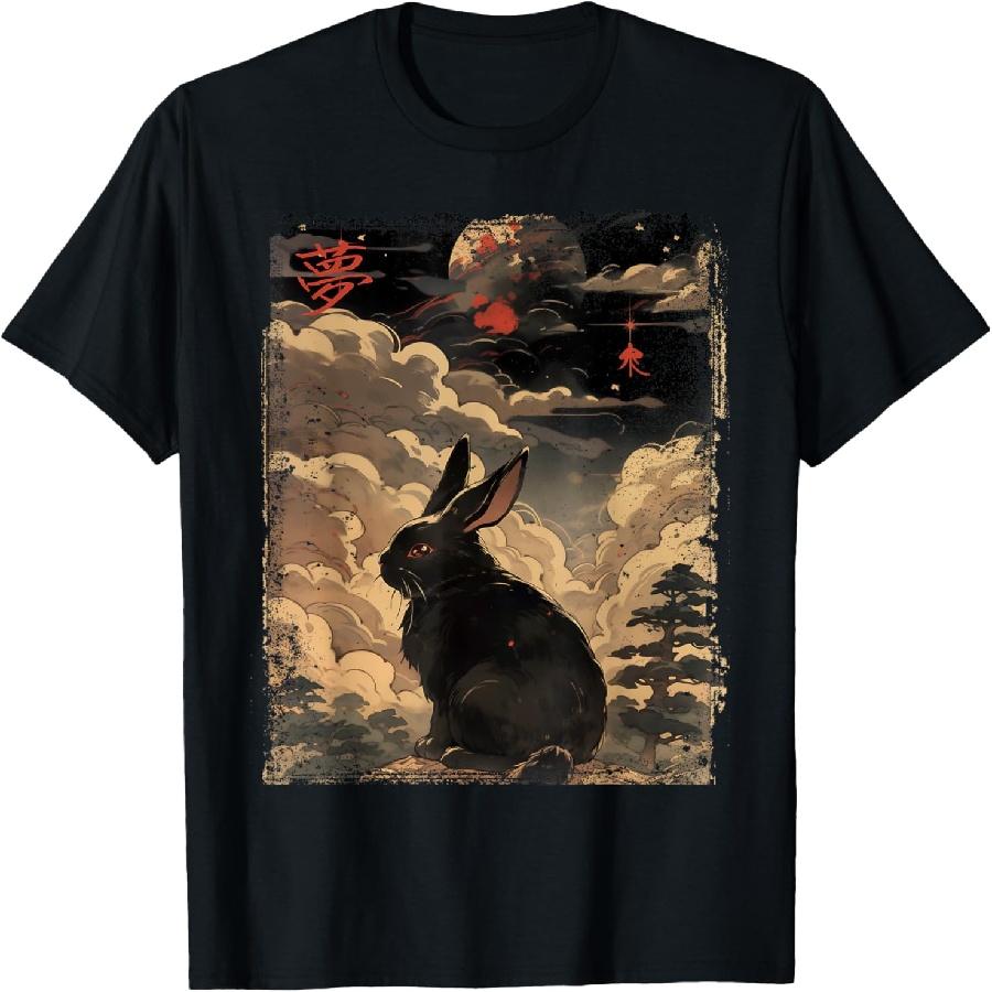

Vintage Japanese Scenery cute rabbit Kanji Japan graphic art T-Shirt XXXXXL чорний