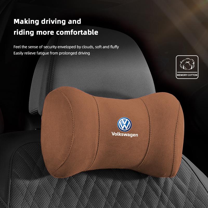 Suede Headrest Car Breathable Memory Foam Neck Pillow For VW Jetta Golf Passat Polo CC Tiguan Arteon Touareg Taigo Caddy Hub Cap EF1