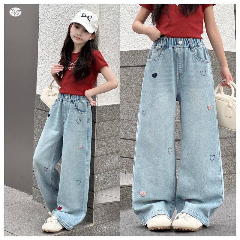 Girls' Love Embroidery Wide-Leg Jeans - Light Blue Floor-Length, Early Autumn 2026 Collection for Medium & Large Children.