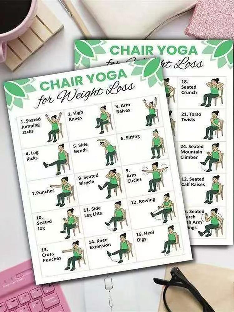 2 PCS Yoga Poster Home Exercise Gym Yoga 30 Day Chair Weight Loss Yoga Exercise Plan  Chart Pose Health Poster