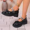 Women's Spring Summer Retro Round Toe Shallow Mouth Pearl One Strap Platform Mary Jane Single Shoes