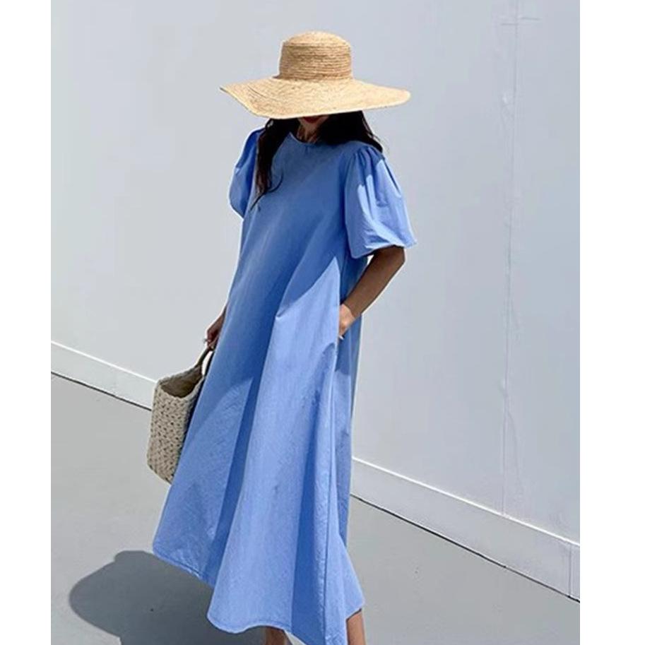 

Korean chic summer retro vacation style round neck loose casual long A word bubble sleeve elegant dress women M белый