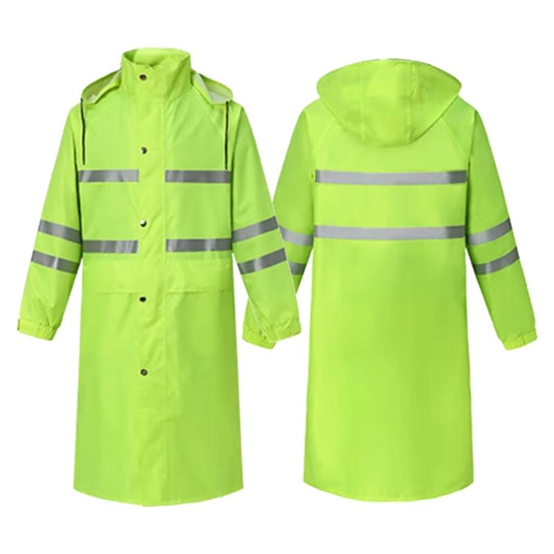 Rain Jacket High Visibility Workwears Safety Concealed Hood Fluorescent Flashing Hooded Long Length Waterproof Work Coat
