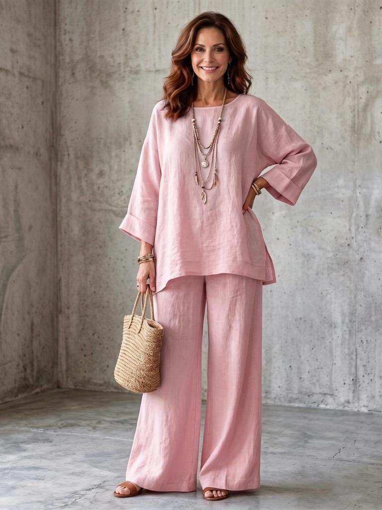 European & American Style Women's Cotton Linen Blend Shirt and Wide Leg Pants Set