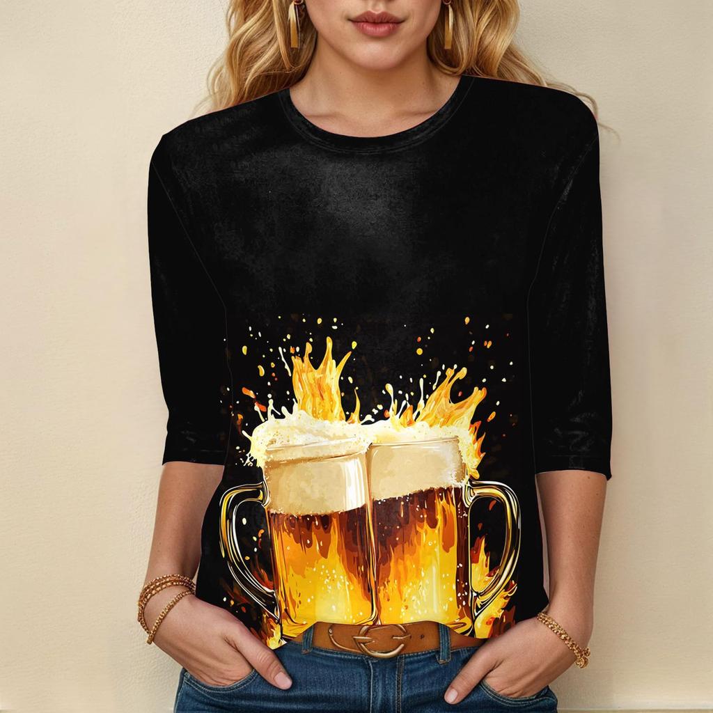 Damen Casual 3/4 Ärmel Oktoberfest Print Oberteil Rundhals Leichte Bluse für den Alltag und Saisonale Veranstaltungen