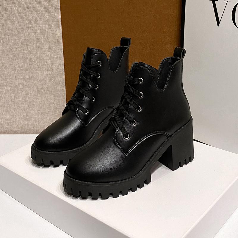 Fashion Single Boots Women's Autumn and Winter New Round Toe Front Lace-up Platform Non-Slip High Heel Short Shoes