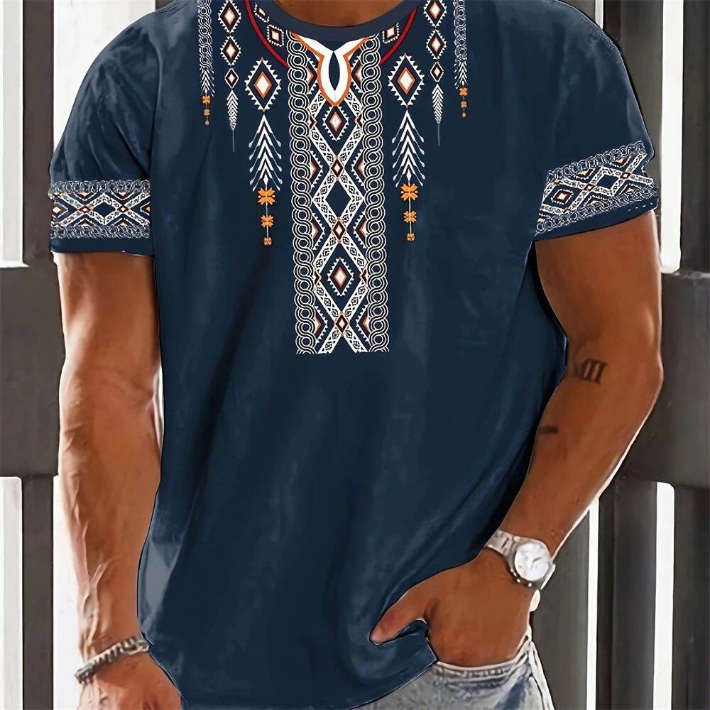 Retro Pattern 3D Printed Men's T-shirt Short Sleeved Slim Fit Spring Fashion