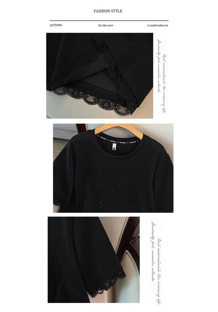 2026 Plus Size Rhinestone Lace Trim Short Sleeve Women's Top - Loose, Casual & Comfortable