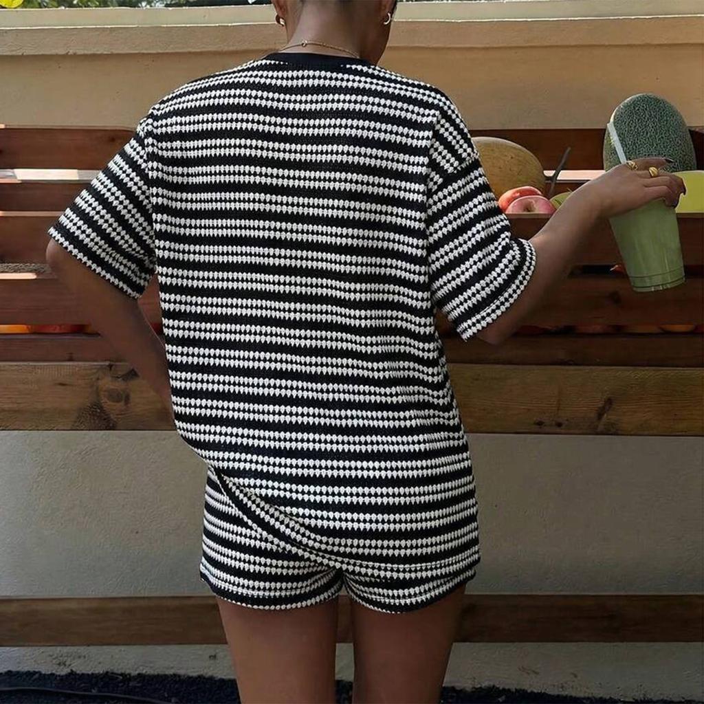 Women's Summer Casual Two Piece Set Short Sleeve Top and Shorts Lightweight Striped Knit Lounge Wear Soft Fabric