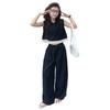 Girls' Summer Set: Ruffled Polo Shirt & Wide-Leg Pants, Two-Piece Set for Older Girls