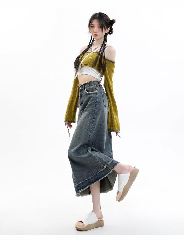 Summer Frayed A-line Hip-Hugging Denim Skirt - Retro Fashion, Niche, High Waist for Women
