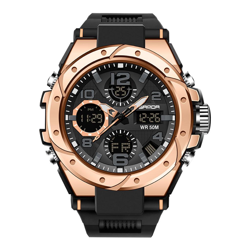 SANDA WR 50M Men's Multifunctional Dual Display Luminous Quartz Watch with Digital and Analog Timekeeping Durable Strap