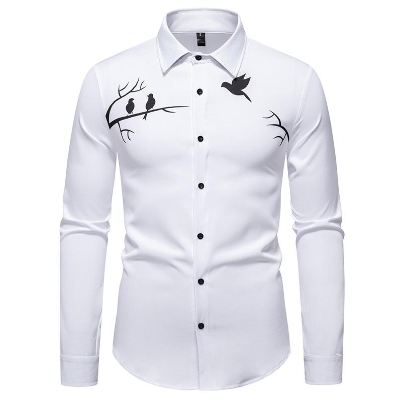 Men's Bird Print Dress Shirt Long Sleeve Casual Formal Top for Men Spring Autumn Fashion Multi-Color Male Blouse