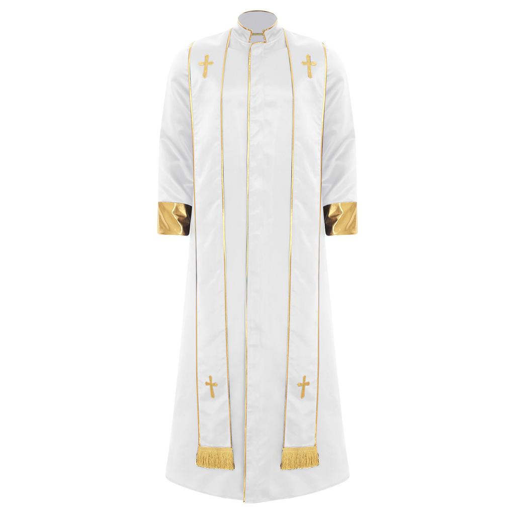 Herre Prestekostyme Kappe Ståkrage Langermet Glidelås foran Gullkors Messedrakt Vestmenter Katolsk Halloween Cosplay