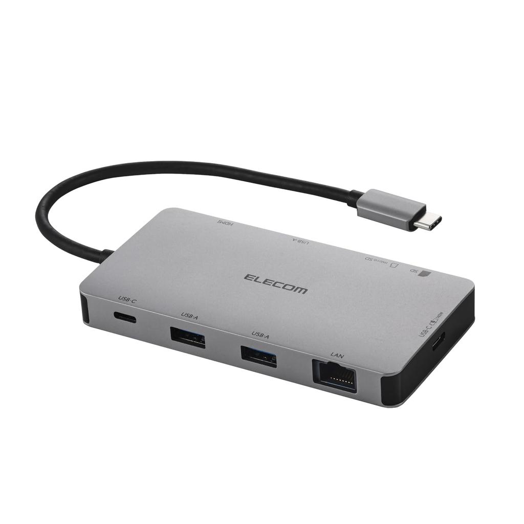 ELECOM Hub Docking PD 140W x x HDMI 4K SD USB-C Station, 9-in-1, Compatible, USB-C 2, USB-A 2, 60Hz, + microSD, LAN, Silver, DST-090BP1SV