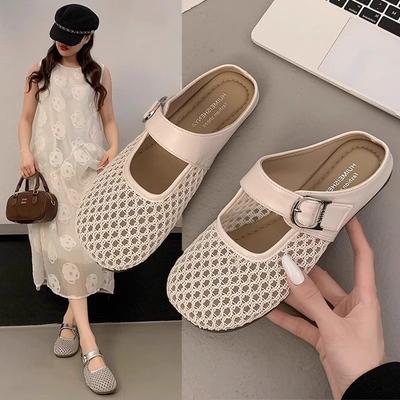 French Skirt Bread 2025 New Mesh Half Tray Breathable Sandals Flat Bottom Hollow Head Half Slippers Women's Summer Wear