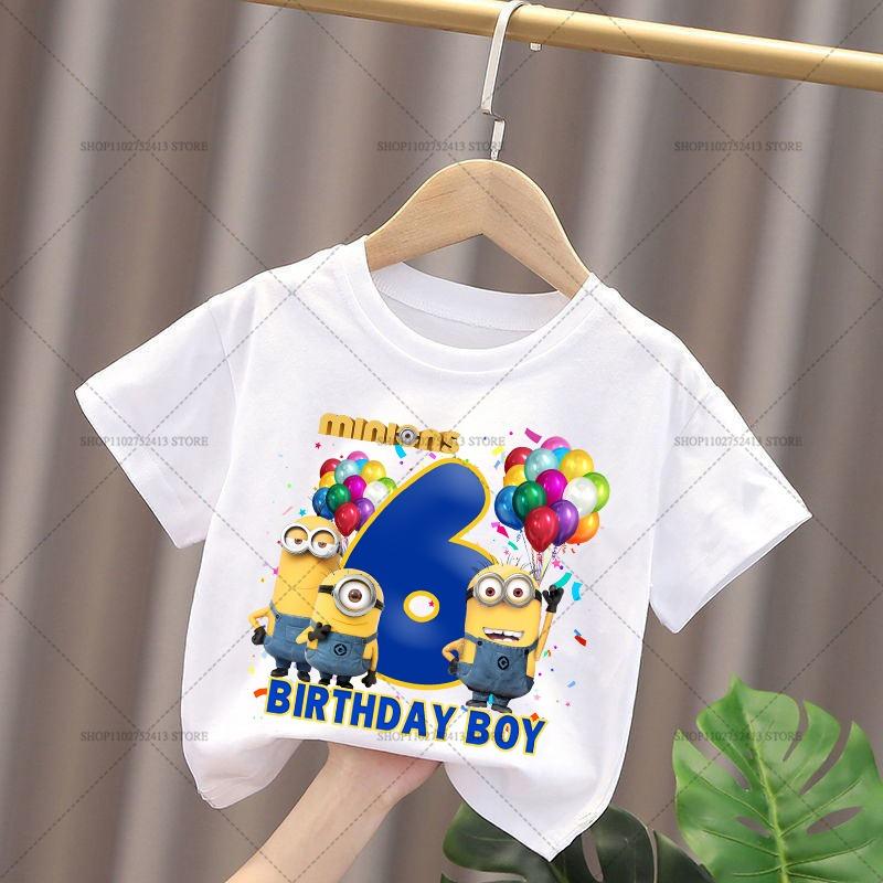 Minionses Cotton T-Shirt Anime Cartoon Print Tops Summer Kawaii Fashion Casual Short Sleeve Number 1-9 Birthday Clothes Gifts