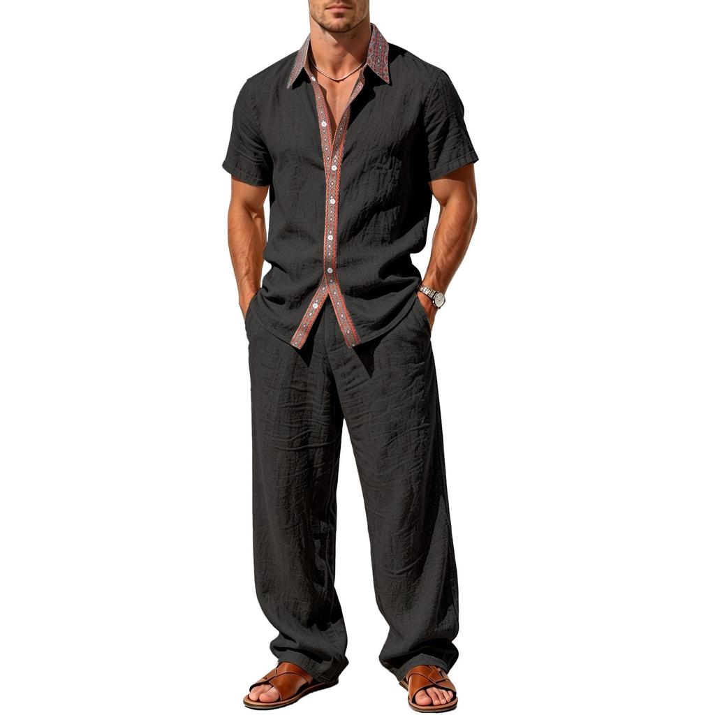 European & American Men's Striped Linen Summer Shirt & Pants Set