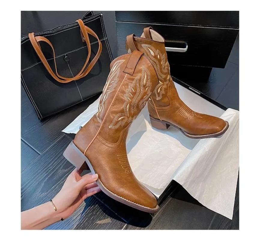 High Boots Embroidery Retro Handmade Women's Boots Western Cowboy Boot Pointed Toe Boots Hand Stitching Outdoor Knee-High Boot