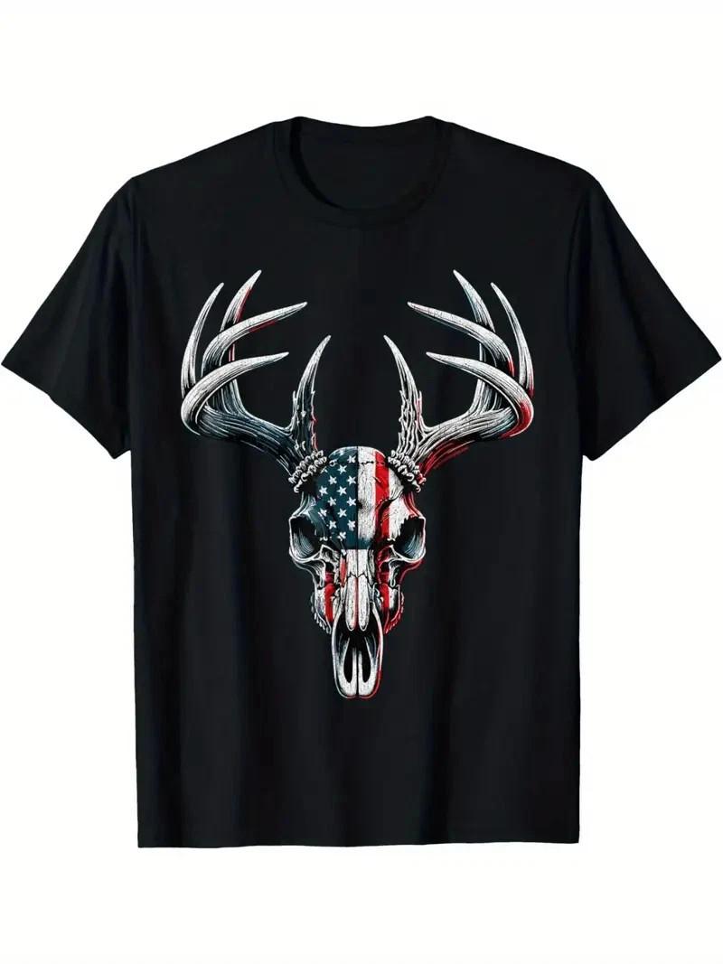 American Flag Men s T-Shirt Whitetail Deer Hunting on Buck Skull Unisex T-Shirt L