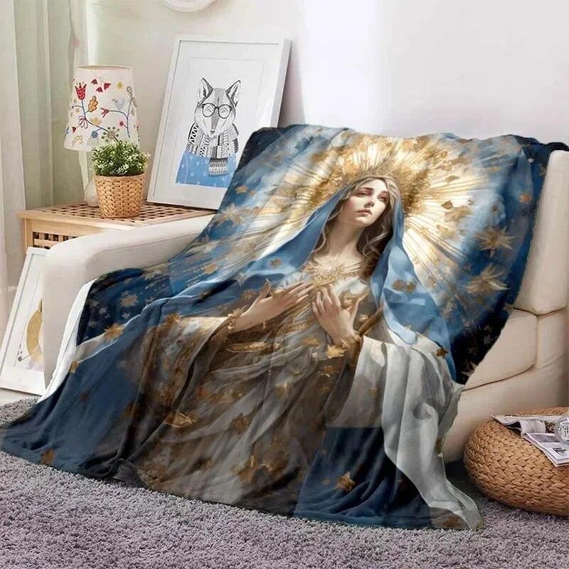 Virgin Mary Flannel Blanket Fluffy Lightweight Fleece Throw Blanket Comfort Soft Warm Baptism Cozy Nursery Bedding Decor Bedroom