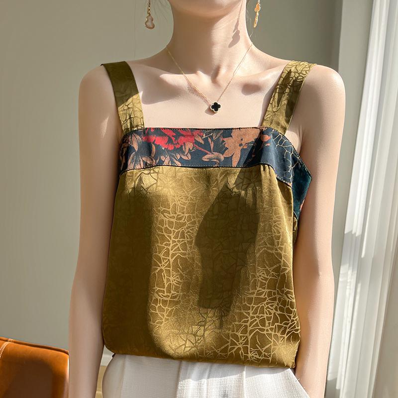 Chinese Embroidery Silk Camisole with Square Collar and Sleeveless Design