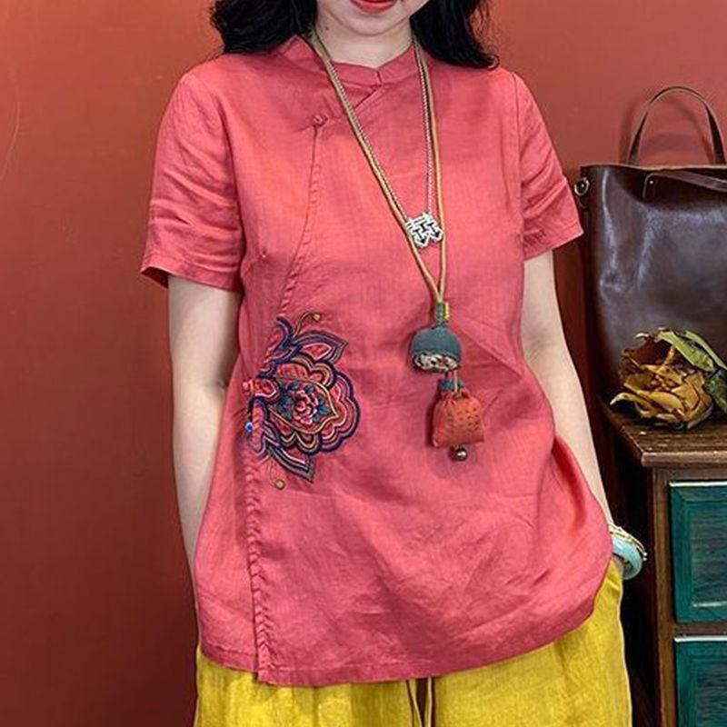 

Women s Asymmetrical Collar Embroidered Linen Shirt - Short Sleeve Zen Style with Frog Button M красный