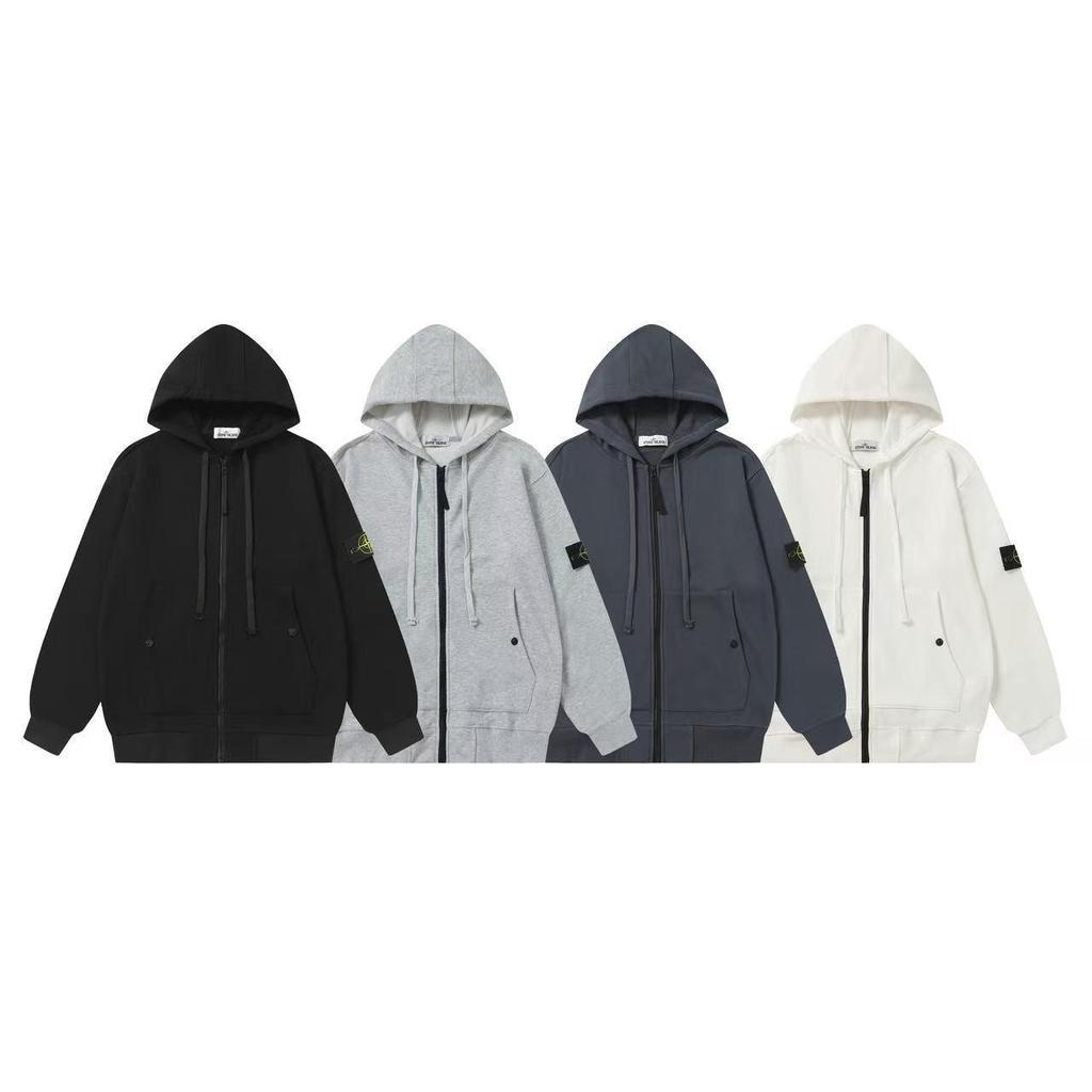Crossstone Island 24SS Steinfarbener Kapuzen-Reißverschluss-Sweatshirt mit Ärmelpatch und Nachbestellknöpfen Jacke
