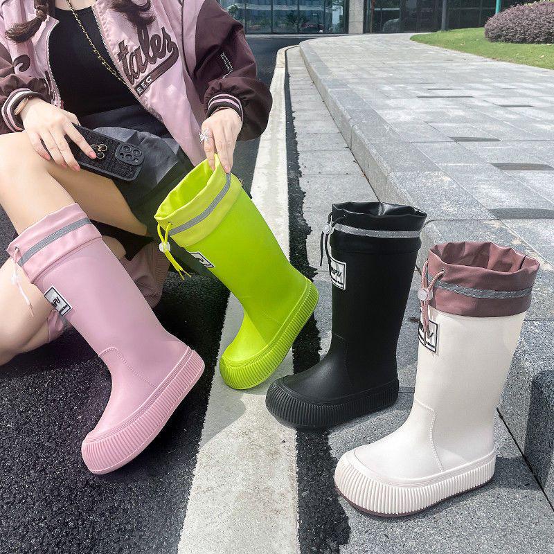 Women's High Tube Japanese Style Fleece-Lined Waterproof Rain Boots - Non-Slip, Lightweight & Wear-Resistant.
