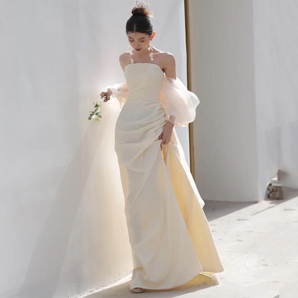Mermaid Wedding Evening Bride Overseas S M [Fiveen] Dress, White, Simple, Long, Wedding, Pre-wedding, Off-the-shoulder, Dress, After-party, Dress,