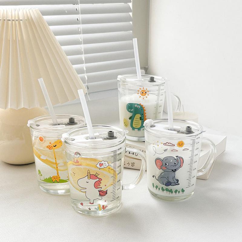 Kids Straw Cup With Lid And Handle Cute Glass Tumbler Baby Feeding Water Bottle Cartoon Glass Cup For Kids Drinkw
