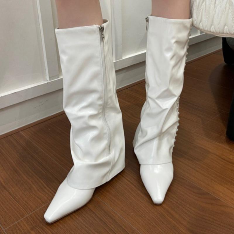 Fashion Fashion Pointed Toe Wedges Knee-High Boot Winter Fashion White Pearl Decoration Long Leg Boots for Woman Shoes Women Boots