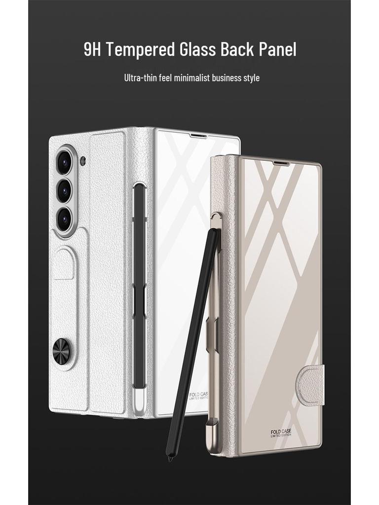 Samsung Z Fold 6 Leather Flip Case with Pen Slot and Glass Cover – Stylish and Business-Friendly.