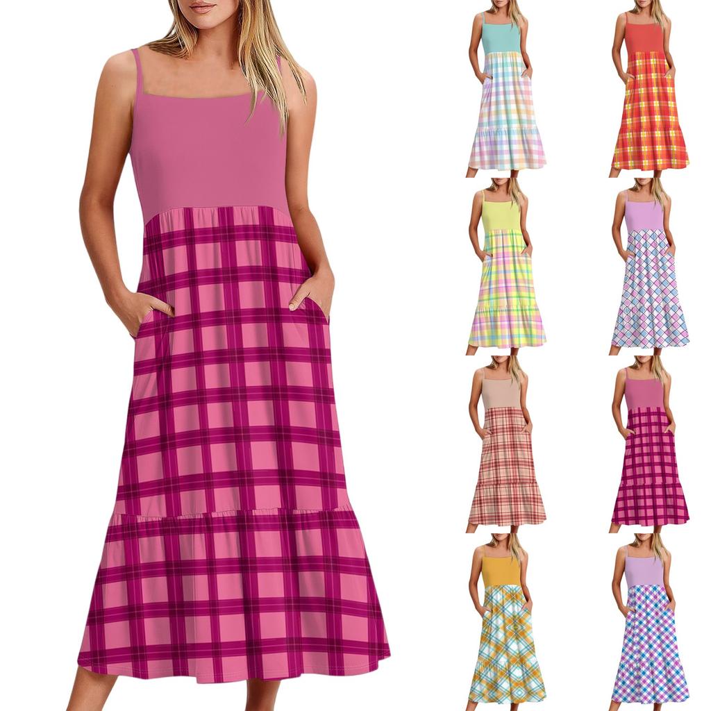 Women's Long Beach Casual Elegant Spaghetti Strap Maxi Dress Plaid Print Low-key Flowing Bohemian Dress