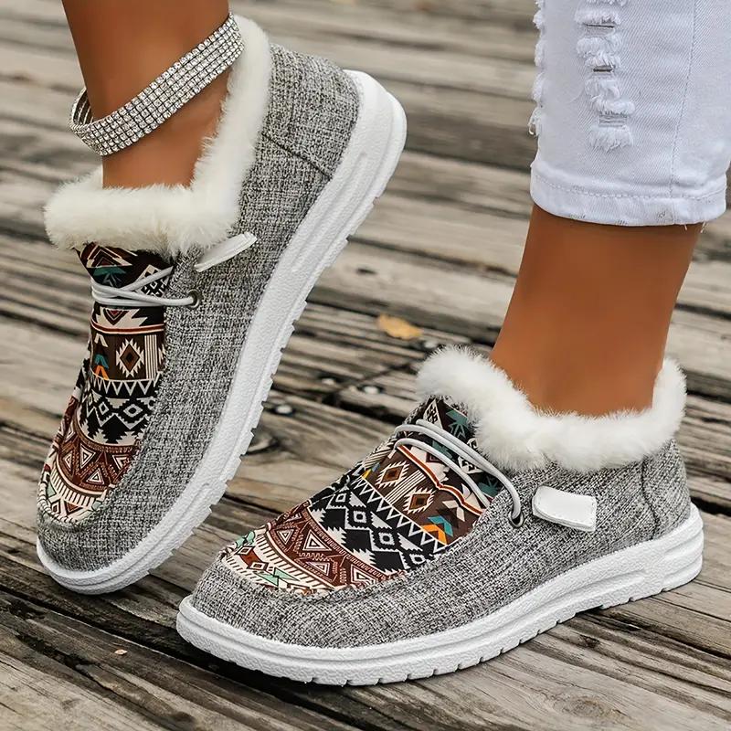 

Женские парусиновые туфли с этническим узором, зимние плюшевые кроссовки с низким верхом, теплые уличные прогулочные туфли на плоской подошве больших размеров 38
