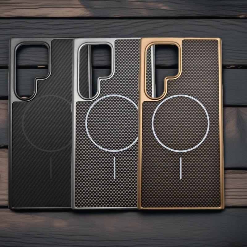 Carbon Fiber Texture Magnetic Phone Case For Samsung S25 Ultra S24 FE S23 Plus Wireless Charge Shockproof Hard PC Bumper Cover