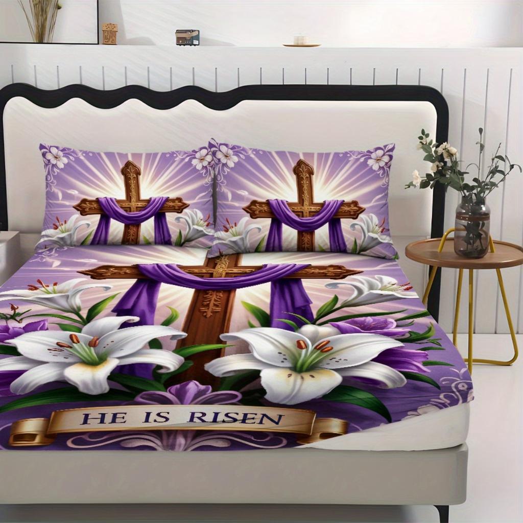 3pcs Fitted Sheet Set - 1*Fitted Sheet with Holy Cross Pattern + 2*Cushion Covers, No Core, Fashionable Soft Comfort Bedding