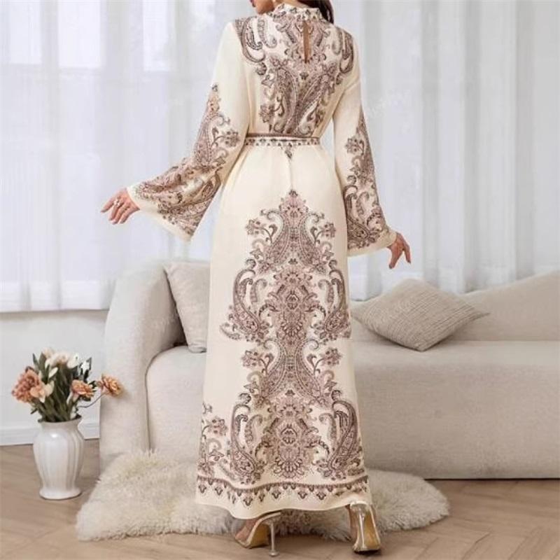 Women's Floral Paisley Print Maxi Dress Long Sleeve High Neck Loose Abaya Elegant Casual Long Dress Islamic Modest Kaftan