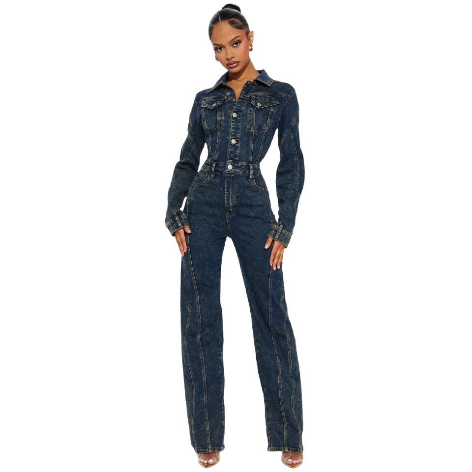 6039 Tie-Dye Washed Long Sleeve Patchwork Denim Jumpsuit Romper