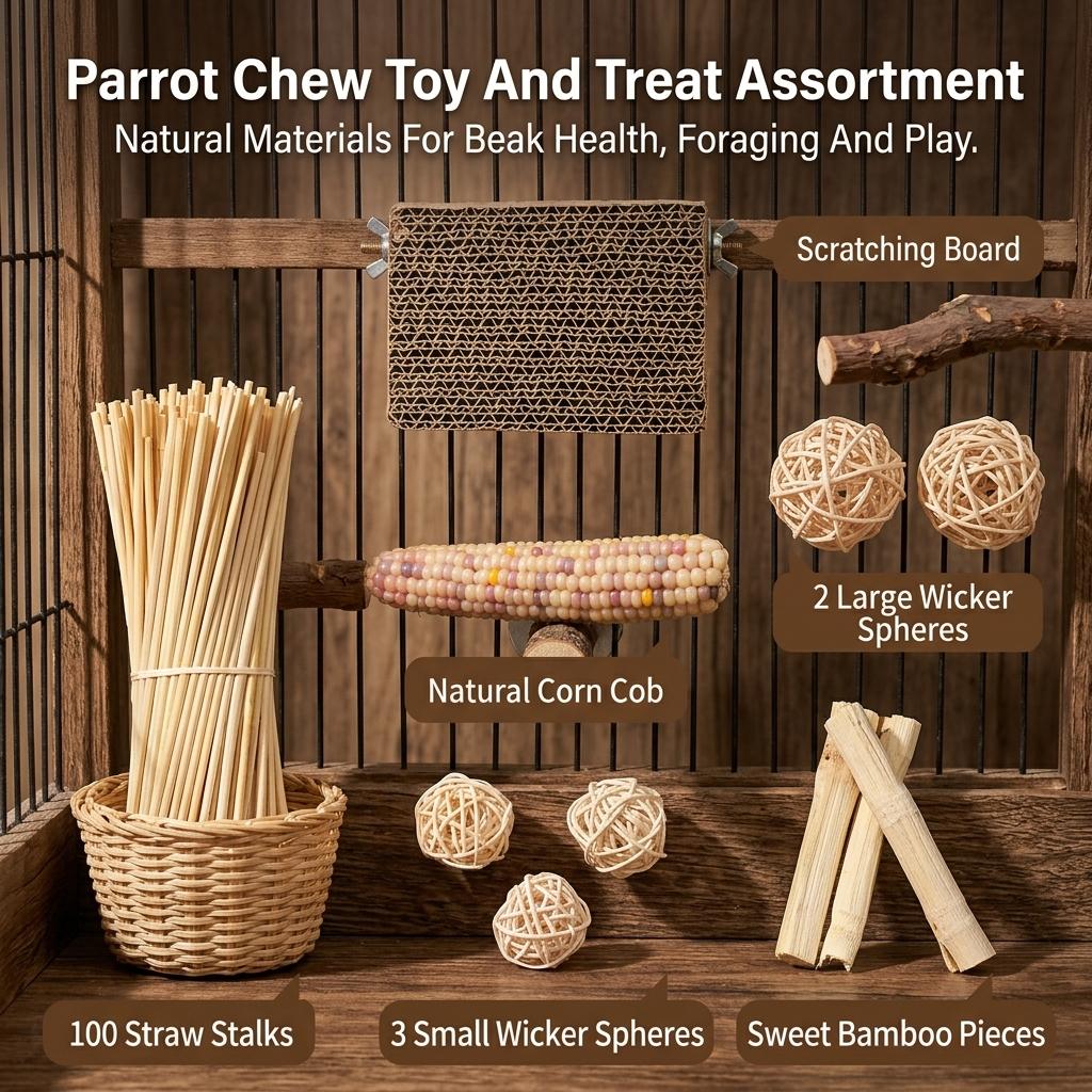 Parrot Chew Stick Natural Wood-Bird Toy with Edible Snack for Small Parrots Cage Decoration Stress Relief