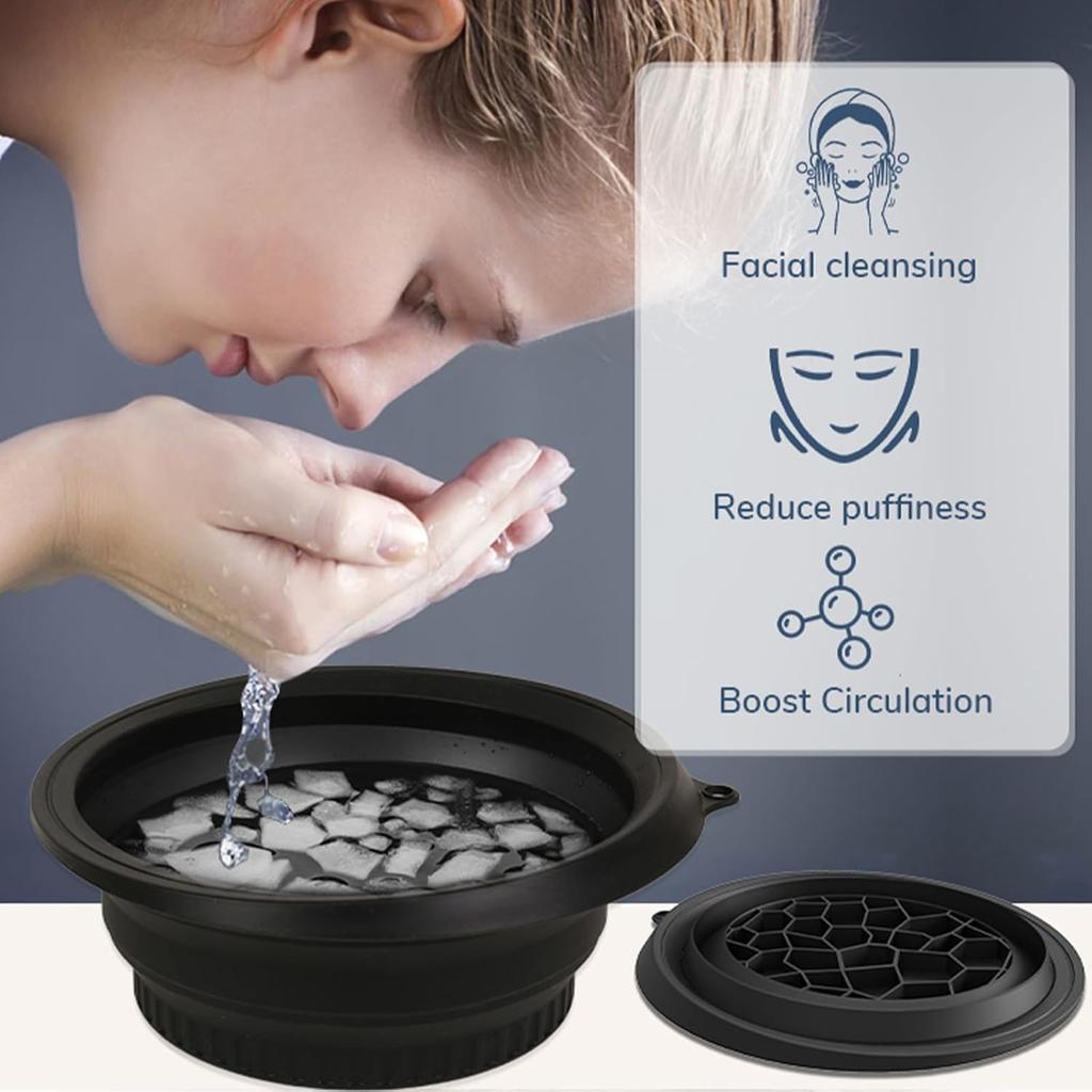 KB Mart Portable Ice Bath Bowl for Face - Collapsible Black Silicone Bowl with Built-In Ice Tray for Cold Therapy, Acne Relief, Pore Minimizing & G