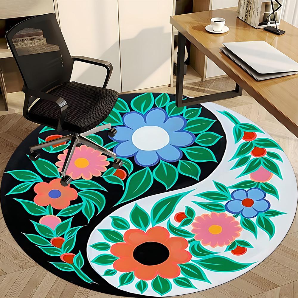 1pc Floral Yin Yang Symbol Carpet, Round Non Slip Durable Large Size Office Carpet, Suitable for Office