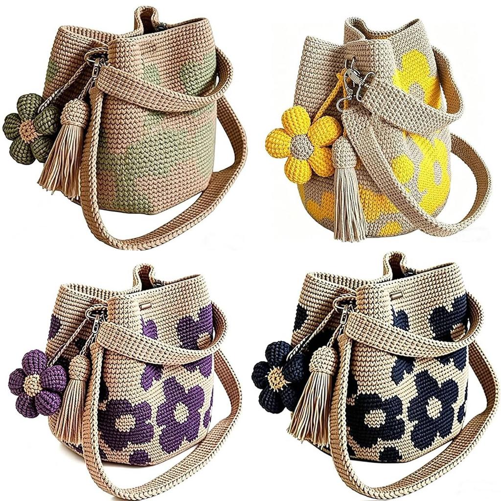 Handmade Crochet Flower Tote Bag With Pu Material For Gift Giving And Casual Use