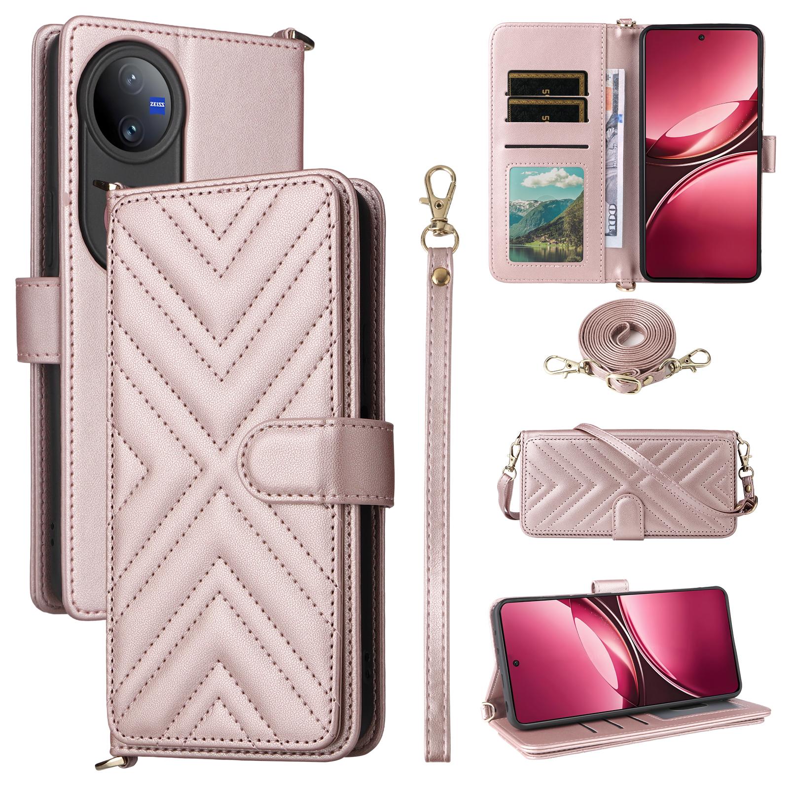 

Для vivo V50 5G Чохол-гаманець з плечовим/наручним ремінцем Шкіряний чохол для телефону Підставка Pink