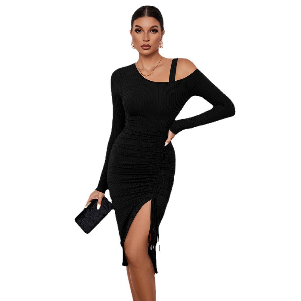2024 Women's Off-Shoulder Slit Bodycon Dress - Long Sleeve, Sexy Autumn/Winter Style