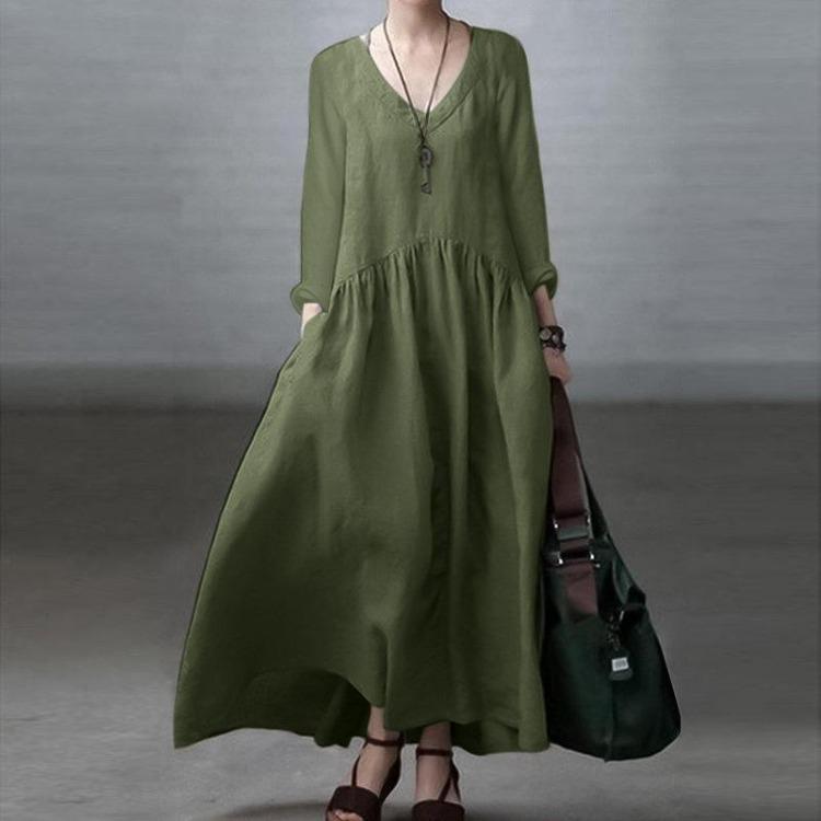 

Elegant Long Sleeve V Neck Sundress Women Casual Loose Long Dress Solid Color Fashion S армия зеленый
