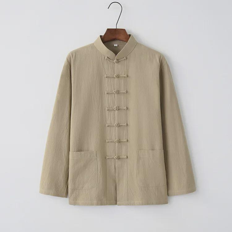 Men's Chinese-Style Tang Suit Cotton-Linen Top: Long-Sleeve Hanfu Shirt for Youth, Middle-Aged, and Elderly - Spring/Autumn Traditional Jacket
