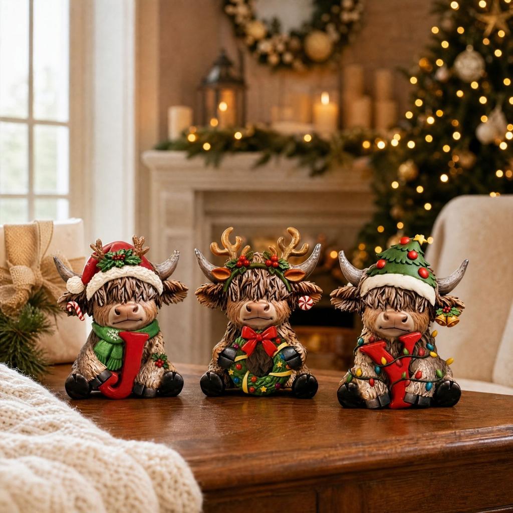 Scottish Cow Figurine 3-Piece Set, Christmas Tabletop Decoration with Design