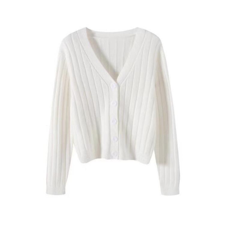 Women's V Neck Knitted Cardigan Short Jacket Loose Long Sleeve Autumn Versatile Outfit Top Sweater